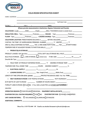 Cold Room Specification Sheet