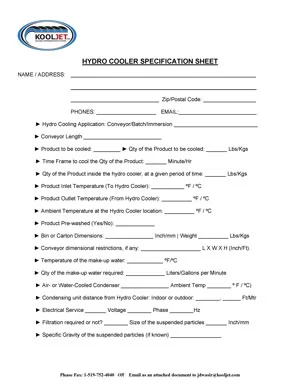 Hydrocooler Specification Sheet