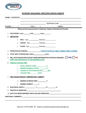 Potato Storage Specifications